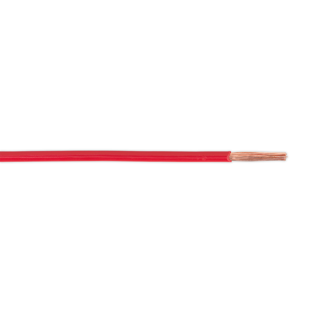 Close-up of a red Automotive Cable Thin Wall Single 2mm² 28/0.30mm 50m by Sealey (AC2830RE) with a visible copper strand end on a white background.