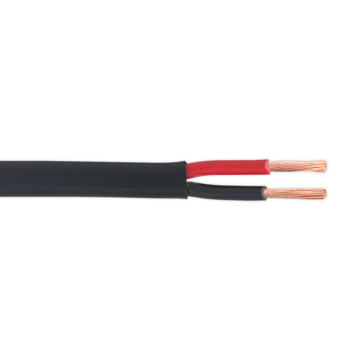 Close-up view of the Sealey Automotive Cable Thick Wall Flat Twin 2 x 2mm² 28/0.30mm 30m Black (AC2830TWTK), showcasing exposed copper wires and red and black insulation coverings with a twin core conductor design.