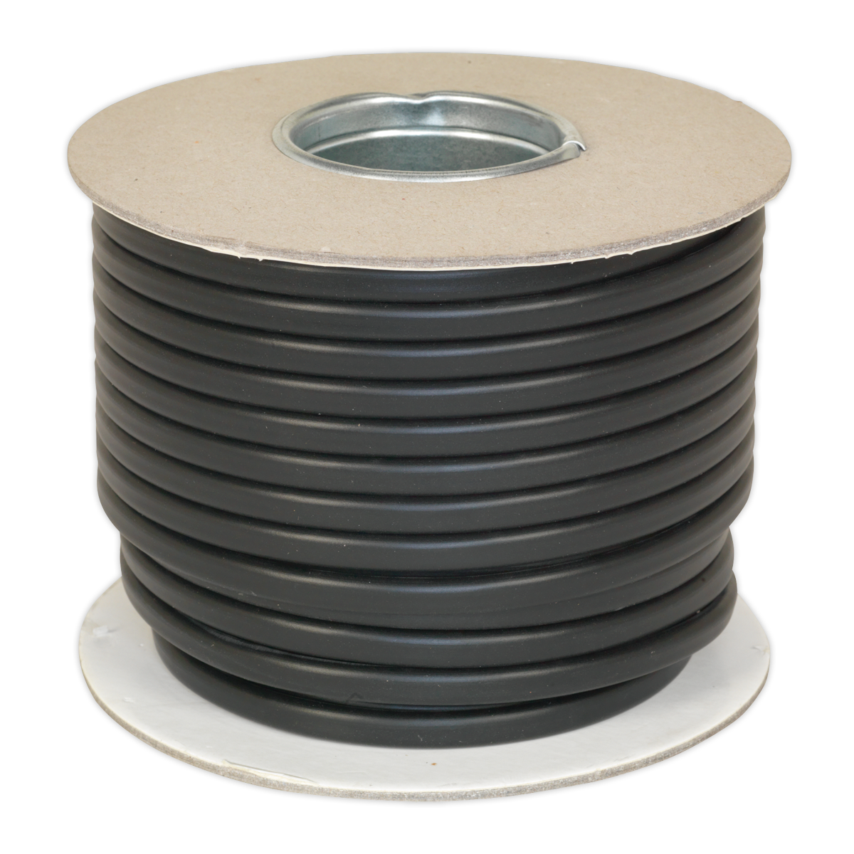 A spool of Sealey Automotive Cable, model AC2830TWTK, features a black, RoHS Compliant, thick wall flat twin 2 x 2mm² (28/0.30mm) cable that is neatly coiled around a metal core and secured with a cardboard base and top.