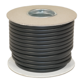 A spool of Sealey Automotive Cable, model AC2830TWTK, features a black, RoHS Compliant, thick wall flat twin 2 x 2mm² (28/0.30mm) cable that is neatly coiled around a metal core and secured with a cardboard base and top.