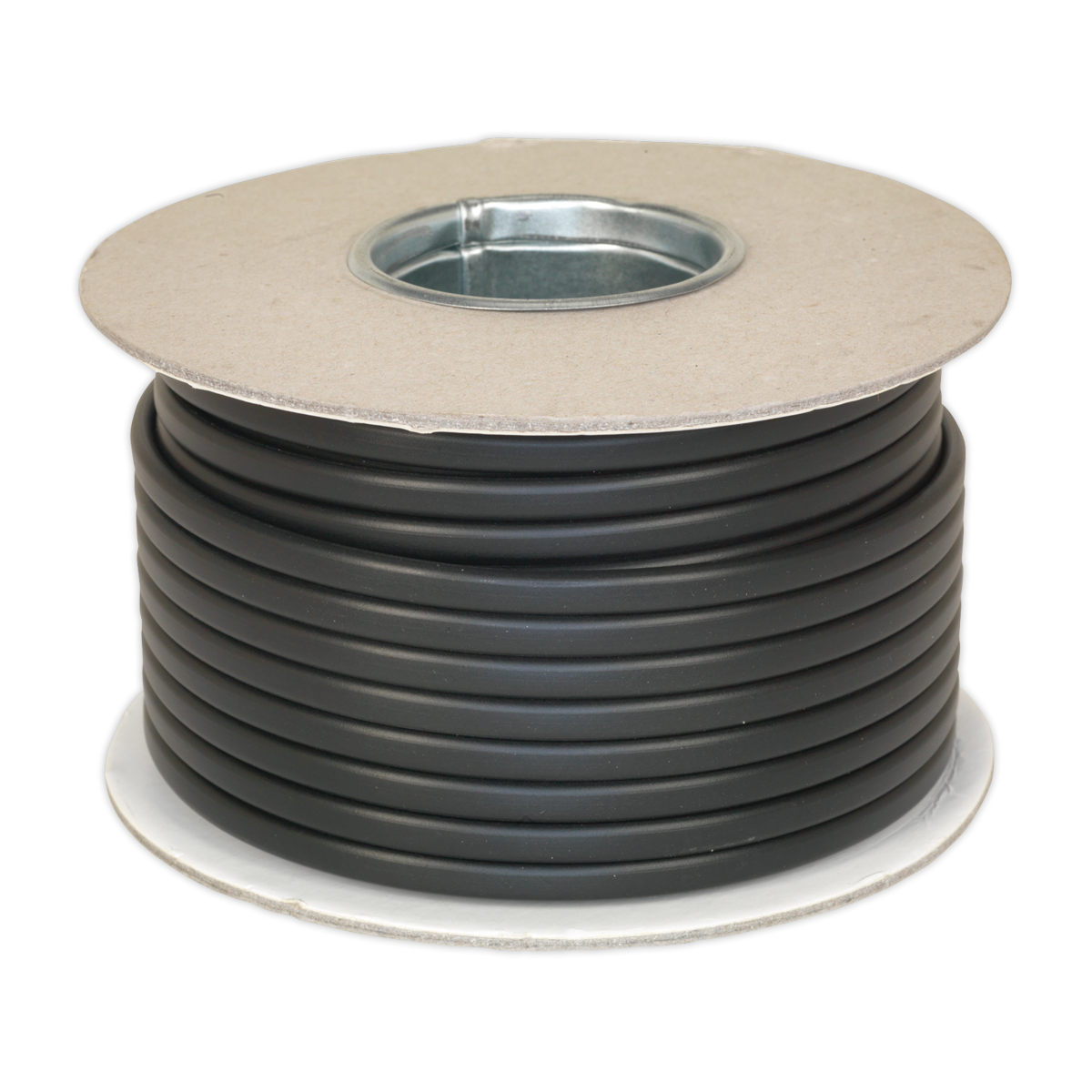 A front view of the Sealey Automotive Cable Thin Wall Flat Twin 2 x 2mm² 28/0.30mm, RoHS compliant and neatly wound around a cardboard and metal reel, showcasing its black color in a 30m spool (model: AC2830TWTN).