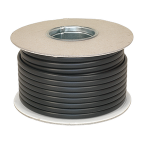 A front view of the Sealey Automotive Cable Thin Wall Flat Twin 2 x 2mm² 28/0.30mm, RoHS compliant and neatly wound around a cardboard and metal reel, showcasing its black color in a 30m spool (model: AC2830TWTN).