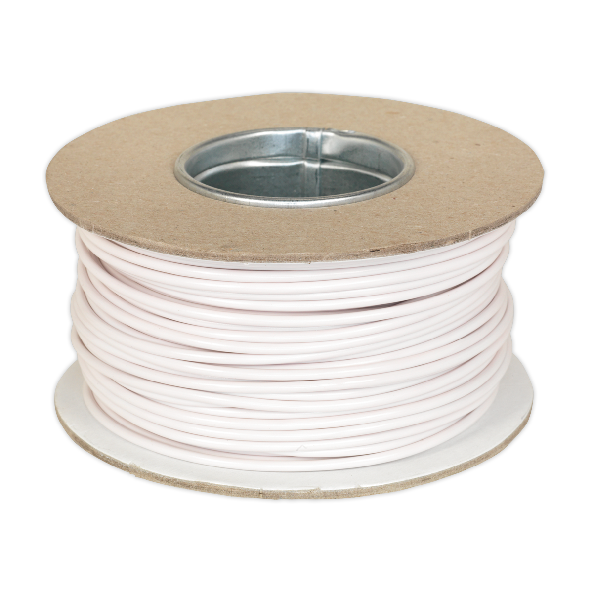 A spool of Sealey Automotive Cable Thin Wall Single 2mm² 28/0.30mm, 50m White (AC2830WH), featuring a single core conductor, is wound around a cylindrical cardboard core with metal reinforcements.