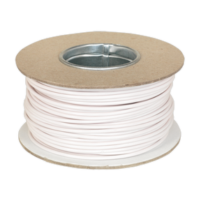 A spool of Sealey Automotive Cable Thin Wall Single 2mm² 28/0.30mm, 50m White (AC2830WH), featuring a single core conductor, is wound around a cylindrical cardboard core with metal reinforcements.