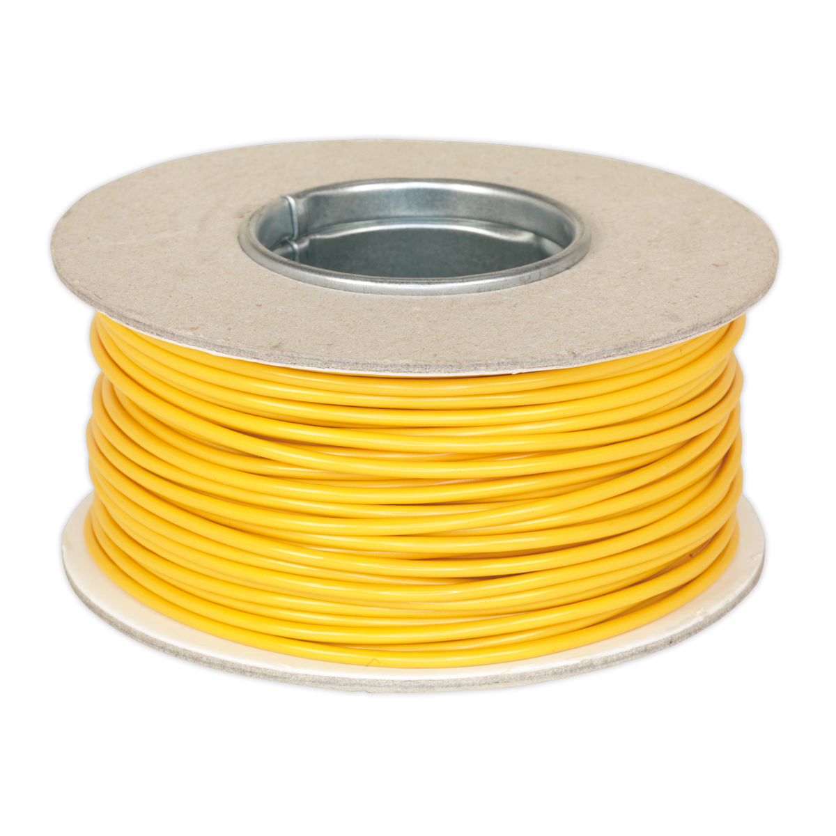 A spool of Sealey Automotive Cable Thin Wall Single 2mm² 28/0.30mm 50m Yellow (AC2830YE) wound around a cardboard core with a metal center, compliant with RoHS standards.