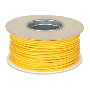 A spool of Sealey Automotive Cable Thin Wall Single 2mm² 28/0.30mm 50m Yellow (AC2830YE) wound around a cardboard core with a metal center, compliant with RoHS standards.
