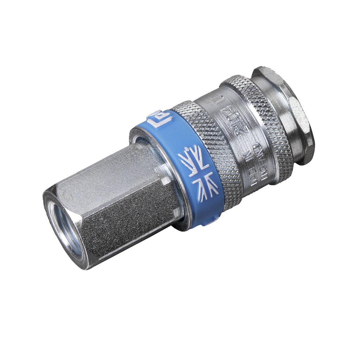 Sealey's Coupling Body Female 1/4"BSP - AC29 is a metal hexagonal industrial connector with a blue band and Union Jack emblem, featuring XF coupling adaptors for high flow rate and hardened steel construction.