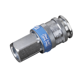 Sealey's Coupling Body Female 1/4"BSP - AC29 is a metal hexagonal industrial connector with a blue band and Union Jack emblem, featuring XF coupling adaptors for high flow rate and hardened steel construction.