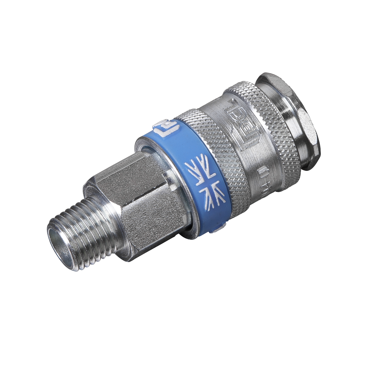 A metallic push-fit pneumatic connector with a hardened steel construction, a threaded end, and a distinctive blue band featuring a Union Jack symbol - the Sealey Coupling Body Male 1/4"BSPT - AC30.