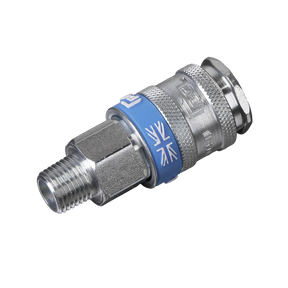 A metallic push-fit pneumatic connector with a hardened steel construction, a threaded end, and a distinctive blue band featuring a Union Jack symbol - the Sealey Coupling Body Male 1/4"BSPT - AC30.