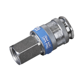 Close-up image of a Sealey Coupling Body Female 3/8"BSP - AC31 with a hexagonal end, a blue band featuring a white Union Jack, and knurled sections for grip.