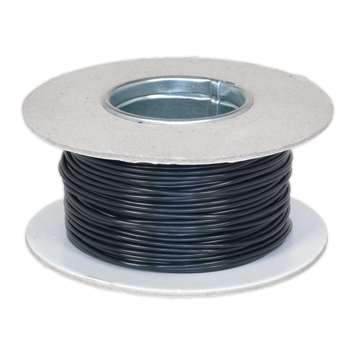 Sealey's Automotive Cable Thin Wall Single 1mm² 32/0.20mm 50m Black - AC3220BK features a spool of black wire with a metallic inner core and cardboard sides, showcasing a single core conductor that is RoHS compliant.