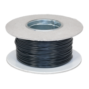 Sealey's Automotive Cable Thin Wall Single 1mm² 32/0.20mm 50m Black - AC3220BK features a spool of black wire with a metallic inner core and cardboard sides, showcasing a single core conductor that is RoHS compliant.