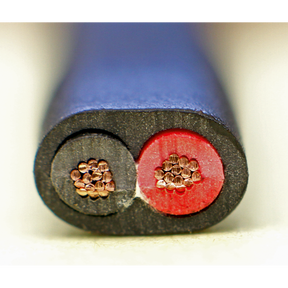 Close-up of a cut section of the Sealey Automotive Cable Thin Wall Flat Twin (2 x 1mm², 32/0.20mm, 30m, Black - AC3220TWTN), showcasing the twin core conductor with copper strands insulated by black and red sheaths, encased in an outer protective black jacket.