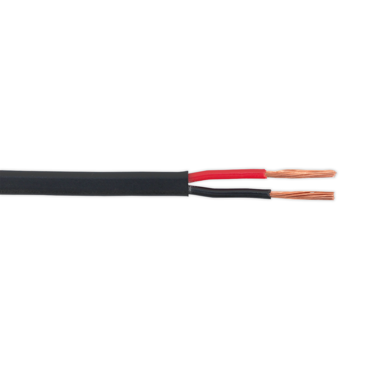 Close-up of a cross-section of the Sealey Automotive Cable Thin Wall Flat Twin 2 x 1mm² 32/0.20mm 30m Black (AC3220TWTN), showing multiple copper wires inside, with some covered in red insulation and others in black, extending out from the end. This twin core conductor is meticulously designed to be RoHS compliant.