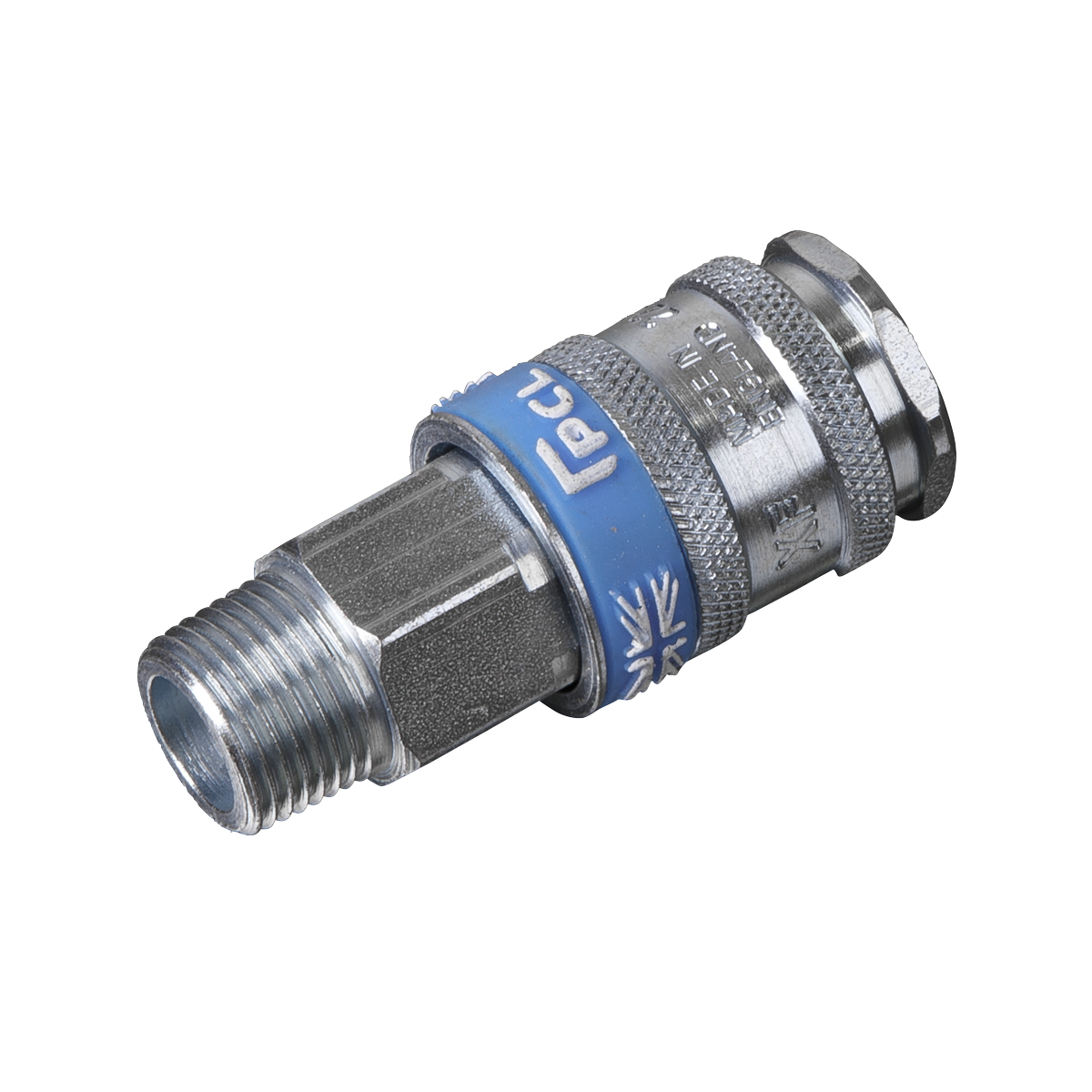 The Sealey Coupling Body Male 3/8"BSPT - AC32 features a metallic quick-release air coupling with a blue ring and threaded end, boasting hardened steel construction for durability and ensuring high flow rates for efficient performance.