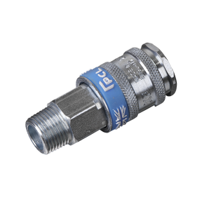 The Sealey Coupling Body Male 3/8"BSPT - AC32 features a metallic quick-release air coupling with a blue ring and threaded end, boasting hardened steel construction for durability and ensuring high flow rates for efficient performance.