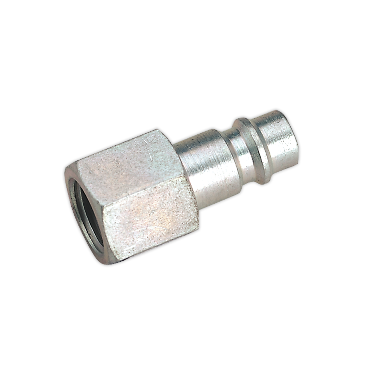 The Sealey Screwed Adaptor Female 1/4"BSP (Pack of 2 - AC33) features a hexagonal design with a threaded end and a barbed end, ensuring tool efficiency and high flow rates for secure attachment.