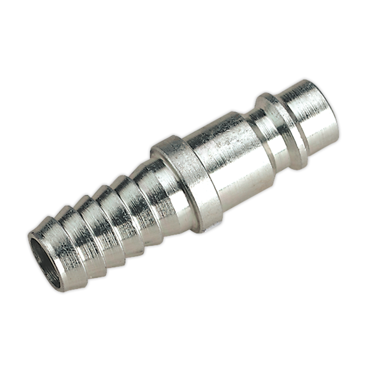 The Sealey Adaptor Tailpiece 3/8" Bore Hose Pack of 2 - AC36 features a grooved cylindrical shape designed for connecting flexible tubing to a fluid line, made of hardened steel for durability and compatibility with XF couplings.