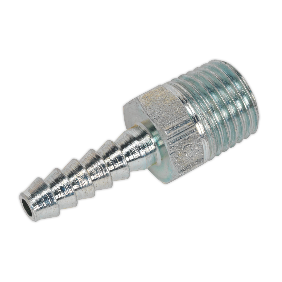 Here's an image of the Sealey Screwed Tailpiece Male 1/4"BSPT - 3/16" Hose (Pack of 5, model AC38). These metal hose barb fittings feature a threaded end and multiple ridges for a secure attachment to hoses. They are ideal for workshop or engineering use, ensuring efficient connections in applications requiring free airflow rates.