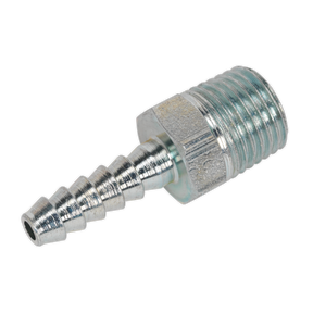 Here's an image of the Sealey Screwed Tailpiece Male 1/4"BSPT - 3/16" Hose (Pack of 5, model AC38). These metal hose barb fittings feature a threaded end and multiple ridges for a secure attachment to hoses. They are ideal for workshop or engineering use, ensuring efficient connections in applications requiring free airflow rates.