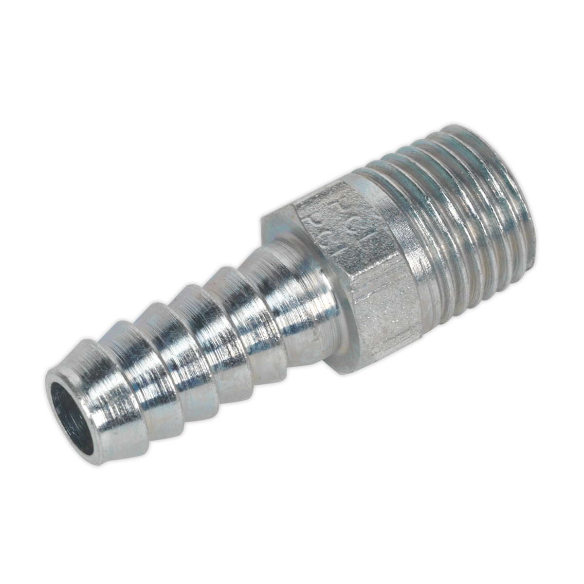 Introducing the Sealey Screwed Tailpiece Male 1/4"BSPT - 5/16" Hose adapter, a versatile metal hose barb adapter with a tapered hose fitting on one end and a threaded male connection on the other. Ideal for workshop or engineering use, this pack of five adapters ensures free airflow rates when working with wrenches, sanders, and grinders.