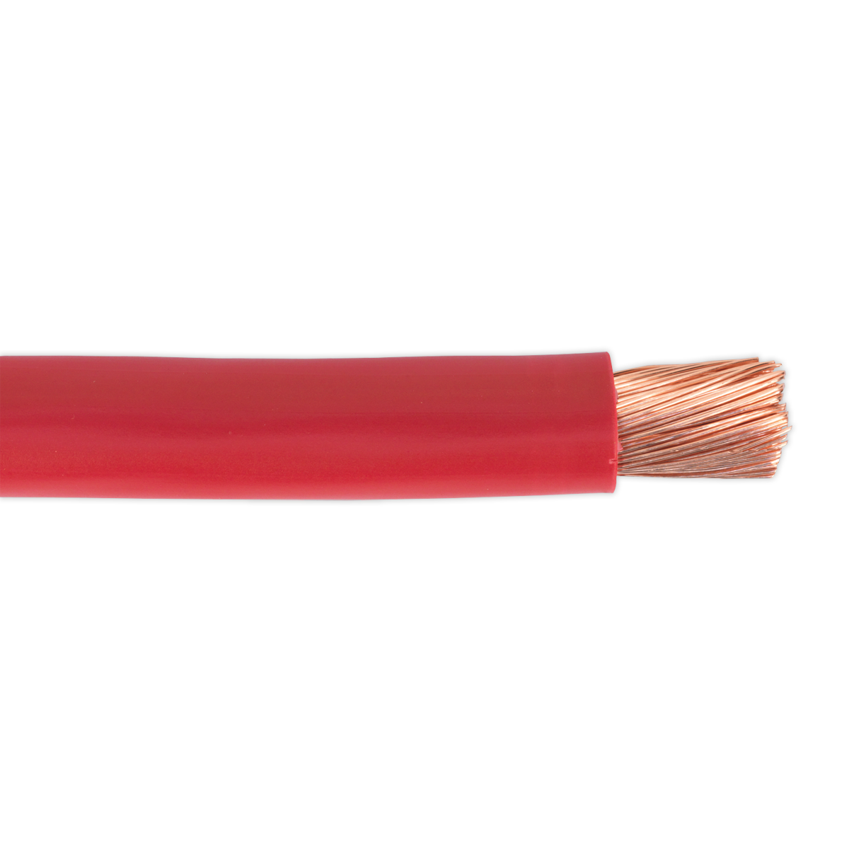 A close-up of the Sealey Automotive Starter Cable 315/0.40mm 40mm² 300A 10m Red - AC40SQRE with the red insulation partially removed to reveal the copper conductor strands. This RoHS Compliant cable ensures safety and efficiency in automotive electrical applications.