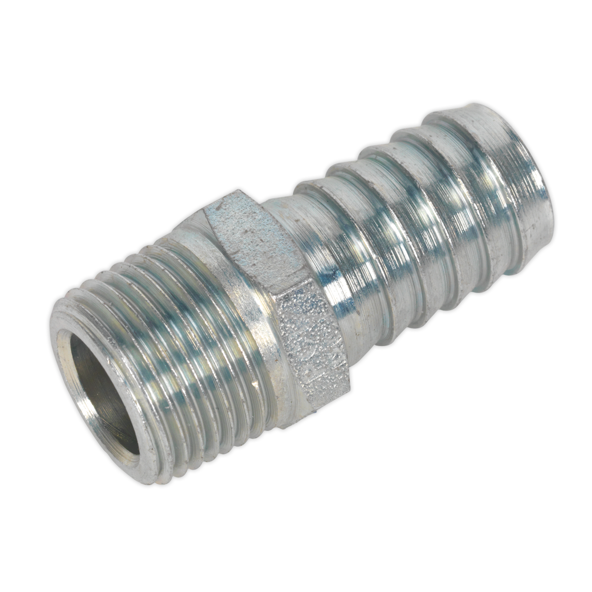 The Sealey Screwed Tailpiece Male 3/8"BSPT - 1/2" Hose from the AC42 pack of 5 features male threads on one end and ridges along the other end for secure hose attachment, making it essential for workshop engineering tasks that require a free airflow rate.