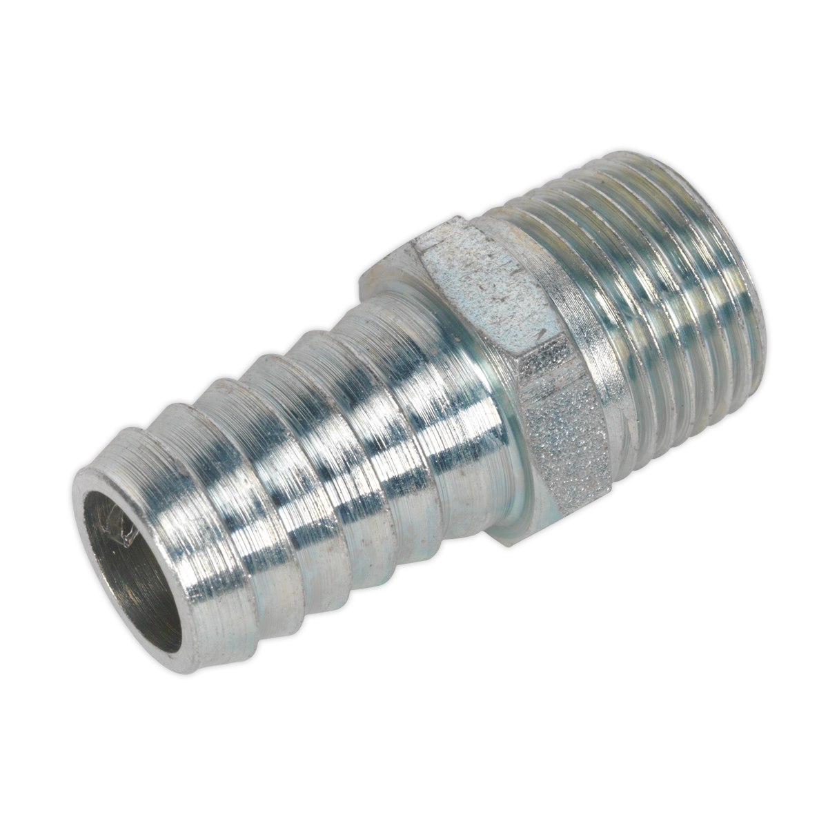 The Sealey Screwed Tailpiece Male 3/8"BSPT - 1/2" Hose Pack of 5 (AC42) is an ideal metal hose barb connector with a threaded end, perfect for workshop engineering.