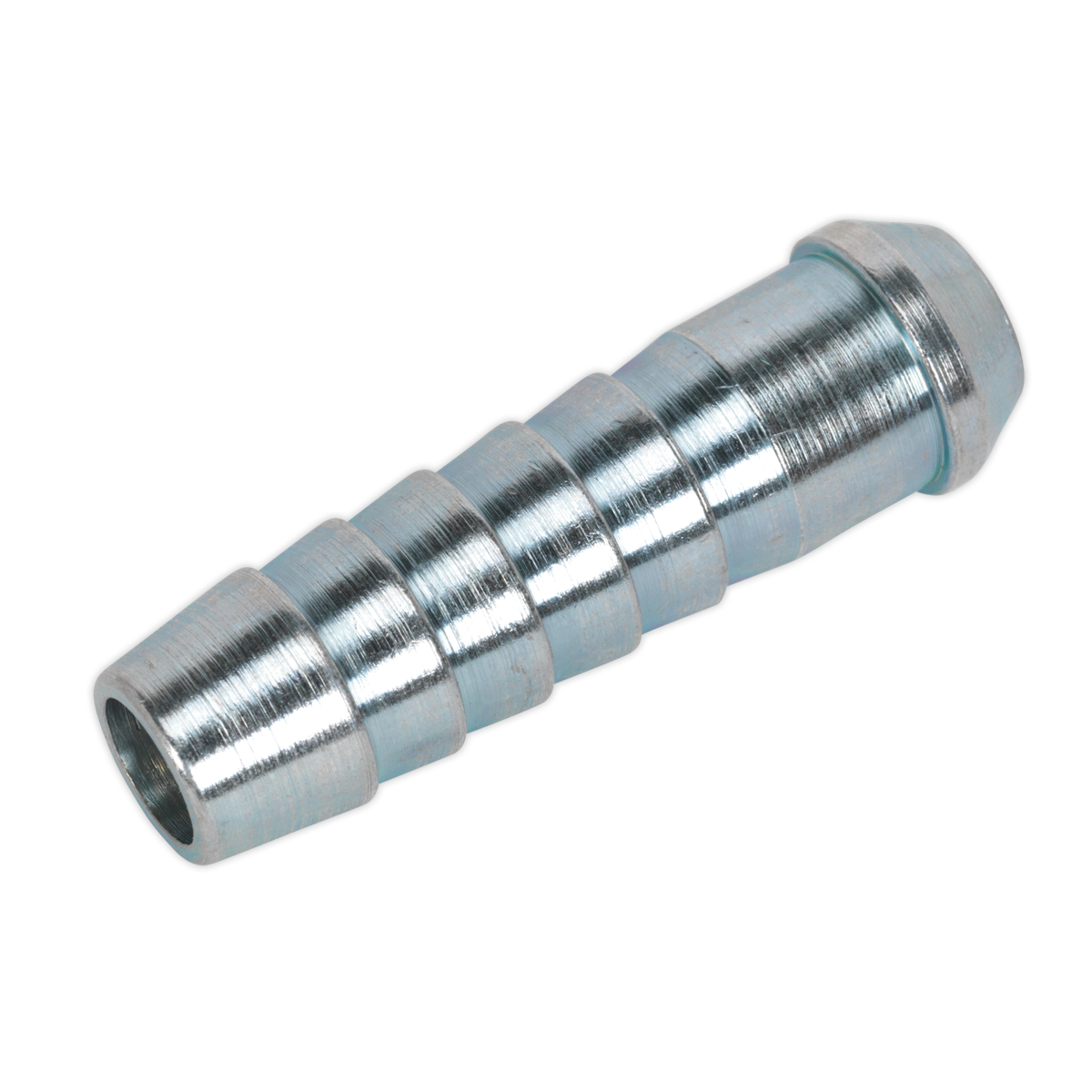 A close-up of a cylindrical, metallic Coned Tailpiece 3/8" Hose - 1/4" BSP Union Nut connector with multiple ridges and a tapered end, UK manufactured by Sealey for optimal workshop use.