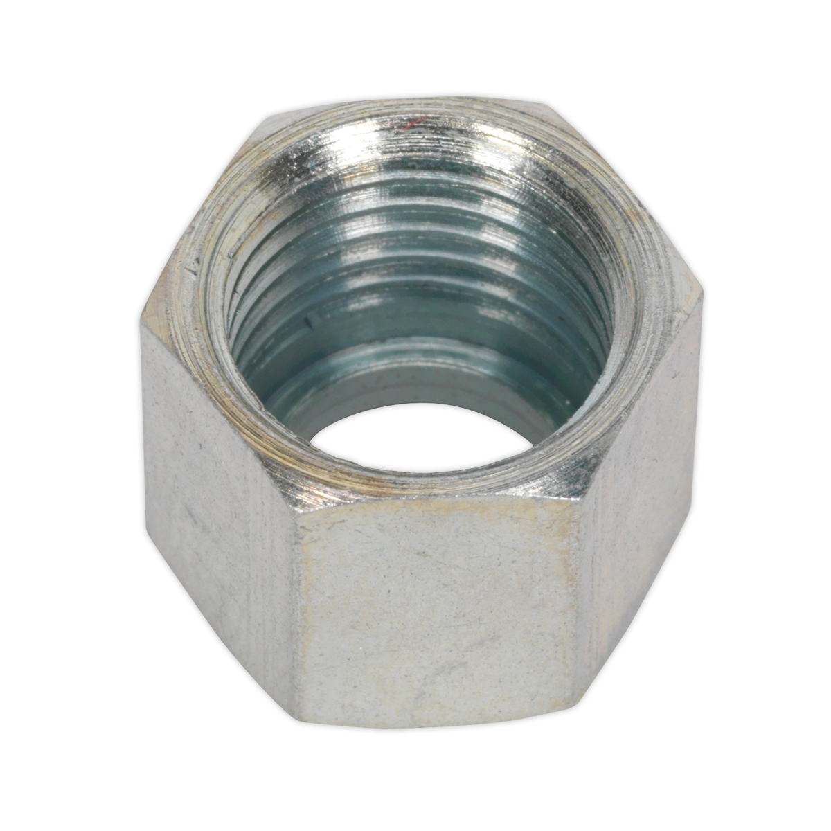 The Sealey Union Nut 1/4"BSP Pack of 5 - AC48 offers a metal hexagonal design with internal threading perfect for workshop use and is compatible with various types of wrenches when viewed from above.