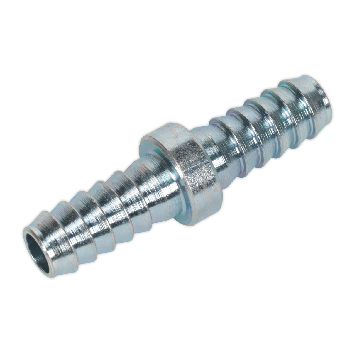 The Sealey Double End Hose Connector 5/16" Hose Pack of 5 - AC50 is a metal fitting featuring a barbed design with a threaded middle section and ridges on both ends, ideal for securing hoses in a workshop setting and capable of withstanding up to 100 psi.