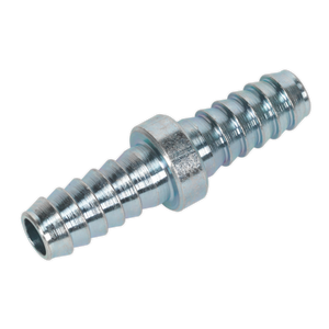 The Sealey Double End Hose Connector 5/16" Hose Pack of 5 - AC50 is a metal fitting featuring a barbed design with a threaded middle section and ridges on both ends, ideal for securing hoses in a workshop setting and capable of withstanding up to 100 psi.