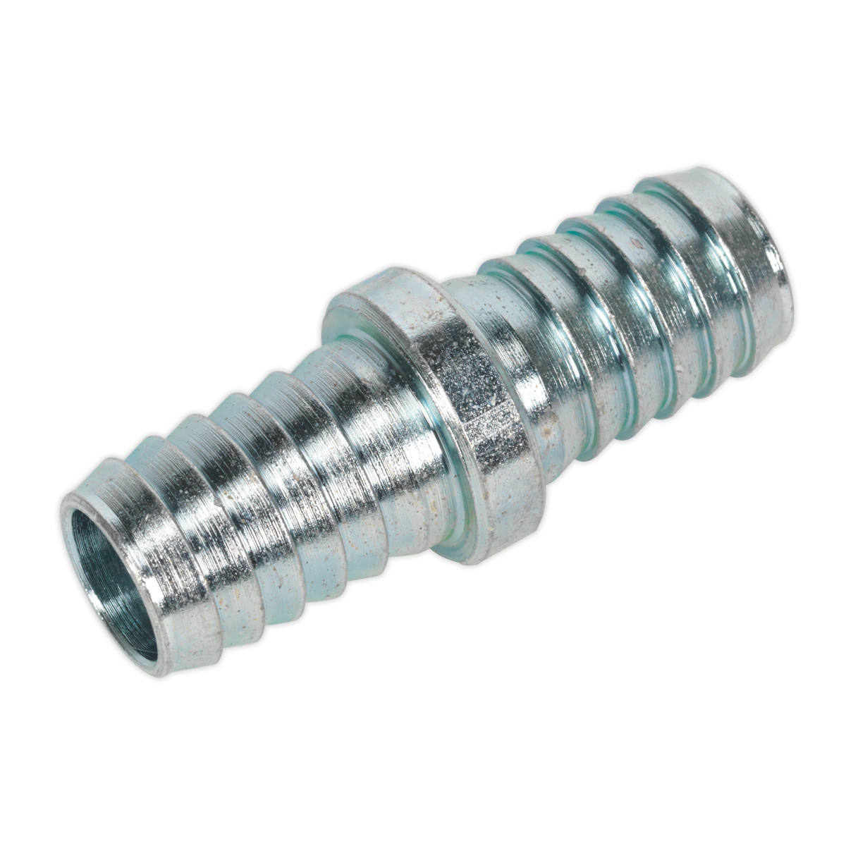 The Sealey Double End Hose Connector 1/2" Hose Pack of 2 - AC51 features ridged cylindrical bodies and hexagonal middle sections, designed for securely connecting hoses. This product is ideal for maintaining consistent airflow in workshop engineering projects.