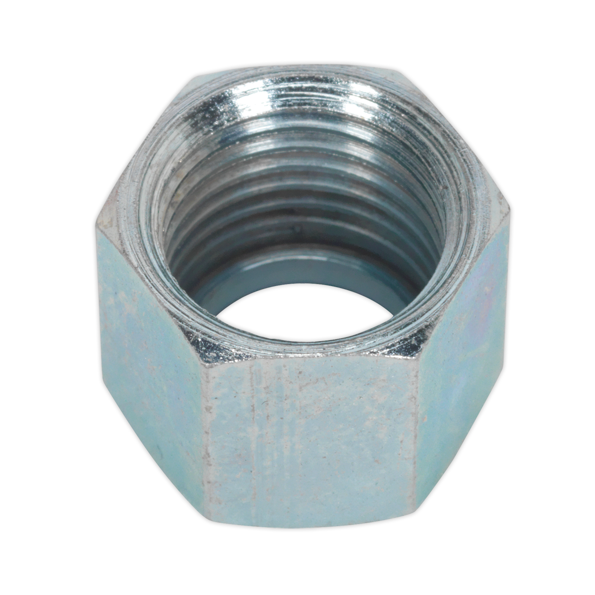 Close-up view of a silver hexagonal Union Nut for AC46 1/4"BSP with internal threading, part of the Sealey AC52 pack of 3, perfect for workshop use.