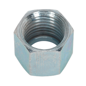 Close-up view of a silver hexagonal Union Nut for AC46 1/4"BSP with internal threading, part of the Sealey AC52 pack of 3, perfect for workshop use.