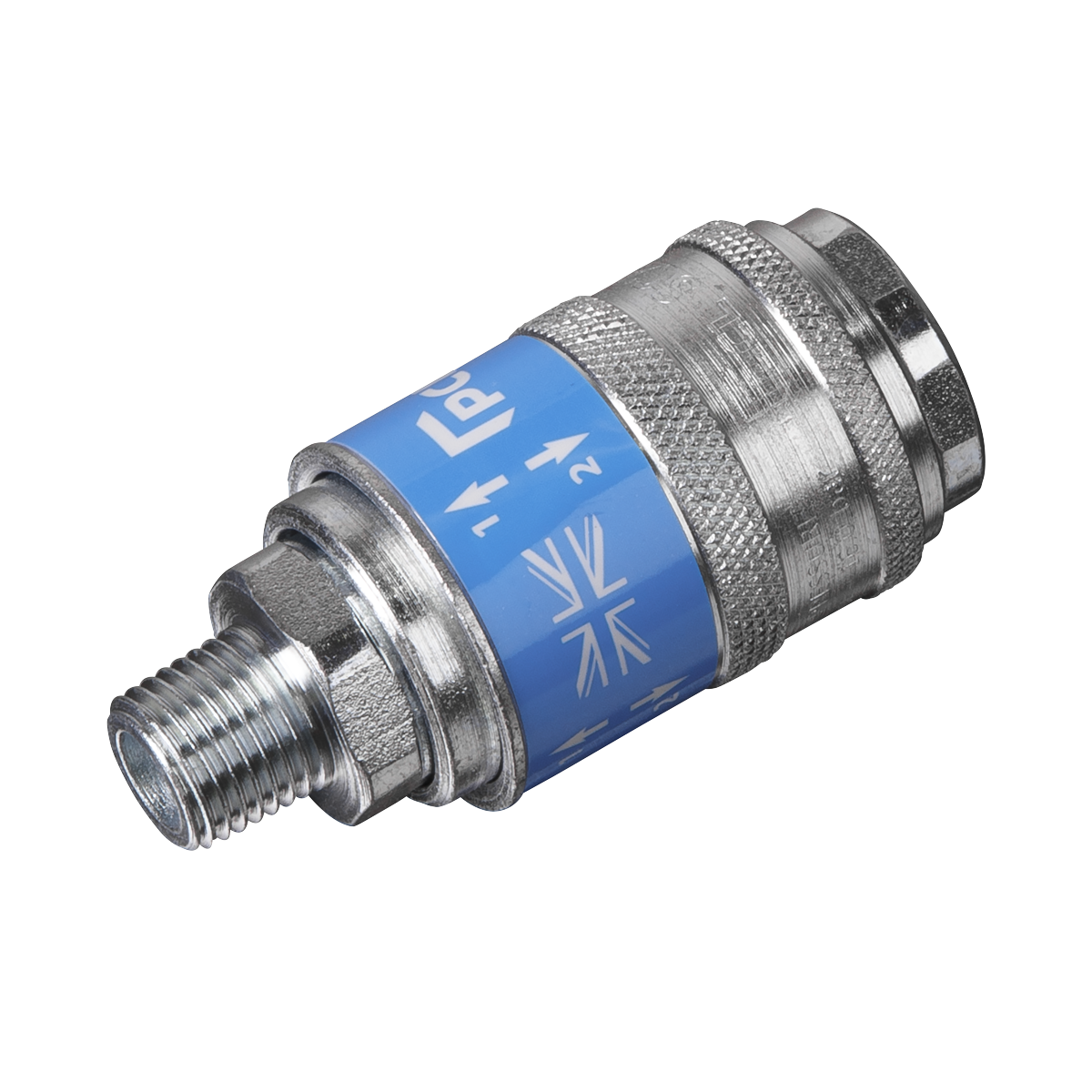 The Safety Coupling Body Male 1/4"BSPT - AC56 from Sealey is a cylindrical metal valve featuring threaded ends, a blue band with arrows and symbols, and a knurled section for grip, designed in compliance with ISO 4414 standards.