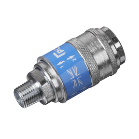 The Safety Coupling Body Male 1/4"BSPT - AC56 from Sealey is a cylindrical metal valve featuring threaded ends, a blue band with arrows and symbols, and a knurled section for grip, designed in compliance with ISO 4414 standards.