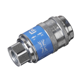 Close-up of the Sealey Safety Coupling Body Female 1/4"BSP - AC57, a metal pneumatic coupling with a blue label and various markings, featuring a self-venting release system for added workshop safety.