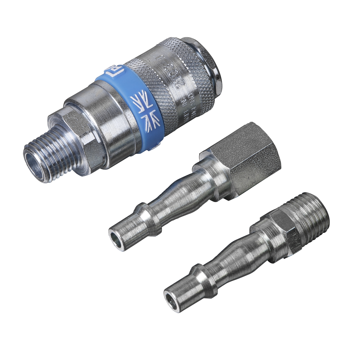 Three metal air hose fittings from the Sealey Air Tool Coupling Kit 3pc 1/4"BSP - AC60 are displayed against a white background. The fittings vary in size and feature threaded couplings, making them ideal for workshop use by allowing for secure connections to hoses or tools.