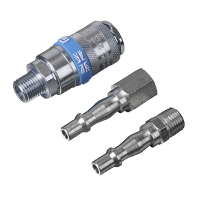 Three metal air hose fittings from the Sealey Air Tool Coupling Kit 3pc 1/4"BSP - AC60 are displayed against a white background. The fittings vary in size and feature threaded couplings, making them ideal for workshop use by allowing for secure connections to hoses or tools.