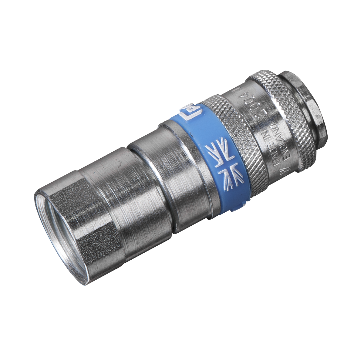 The Sealey Coupling Body Female 1/2" BSP - AC65, featuring a distinctive blue band and a small Union Jack flag symbol, is ideal for workshop use. This Vertex coupling body guarantees secure connections for hoses and pipes while maintaining an efficient airflow rate.