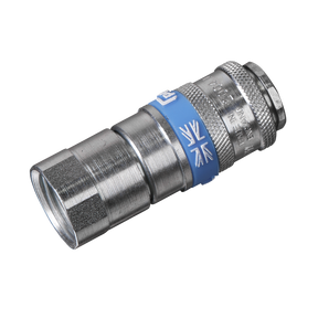 The Sealey Coupling Body Female 1/2" BSP - AC65, featuring a distinctive blue band and a small Union Jack flag symbol, is ideal for workshop use. This Vertex coupling body guarantees secure connections for hoses and pipes while maintaining an efficient airflow rate.