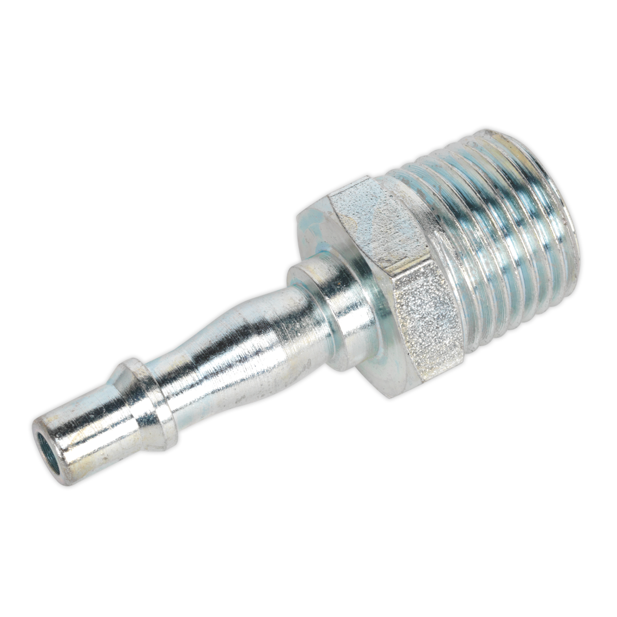 The Sealey Screwed Adaptor Male 1/2"BSPT Pack of 5 - AC68 is a metal hose connector, ideal for workshop and engineering use, featuring a threaded end and a smooth barb fitting.