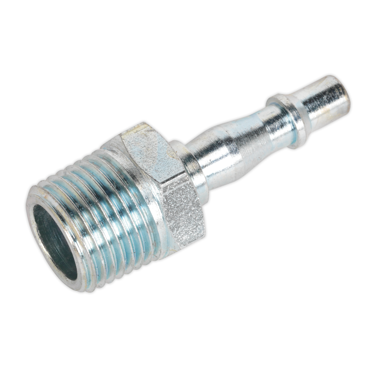 The Sealey Screwed Adaptor Male 1/2" BSPT Pack of 5 - AC68, a metal air hose fitting featuring a threaded end and a barbed end, is ideal for workshop or engineering use and ensures seamless integration with Vertex slim type coupling bodies for optimal performance.