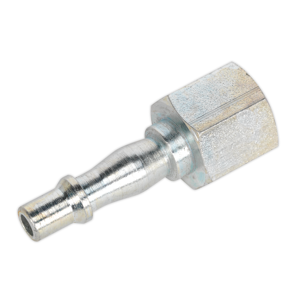 A close-up of the Sealey Screwed Adaptor Female 3/8"BSP (Pack of 5 - AC69), featuring a metallic air hose fitting with a ridged cylindrical connector and a hexagonal nut attachment, ideal for workshop use to ensure optimal airflow and seamless integration with various adaptors.