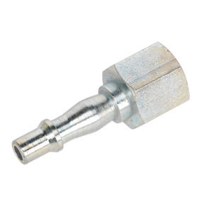 A close-up of the Sealey Screwed Adaptor Female 3/8"BSP (Pack of 5 - AC69), featuring a metallic air hose fitting with a ridged cylindrical connector and a hexagonal nut attachment, ideal for workshop use to ensure optimal airflow and seamless integration with various adaptors.