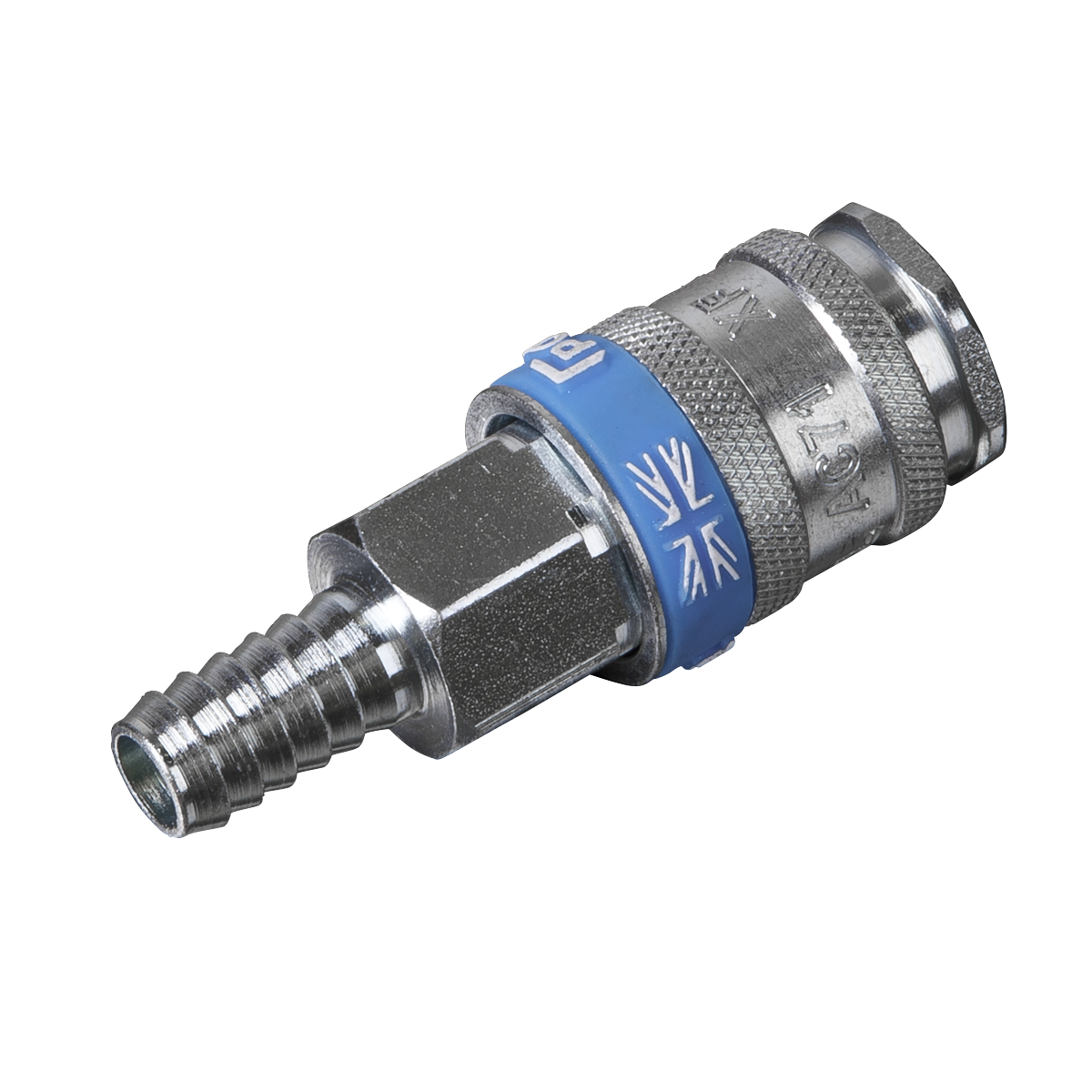 The Sealey Coupling Body Tailpiece for 3/8" Hose - AC81 is a metal hose fitting with a blue band and a textured grip, featuring hardened steel construction for durability, designed for secure attachment to a hose or pipe.