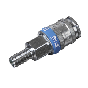 The Sealey Coupling Body Tailpiece for 3/8" Hose - AC81 is a metal hose fitting with a blue band and a textured grip, featuring hardened steel construction for durability, designed for secure attachment to a hose or pipe.