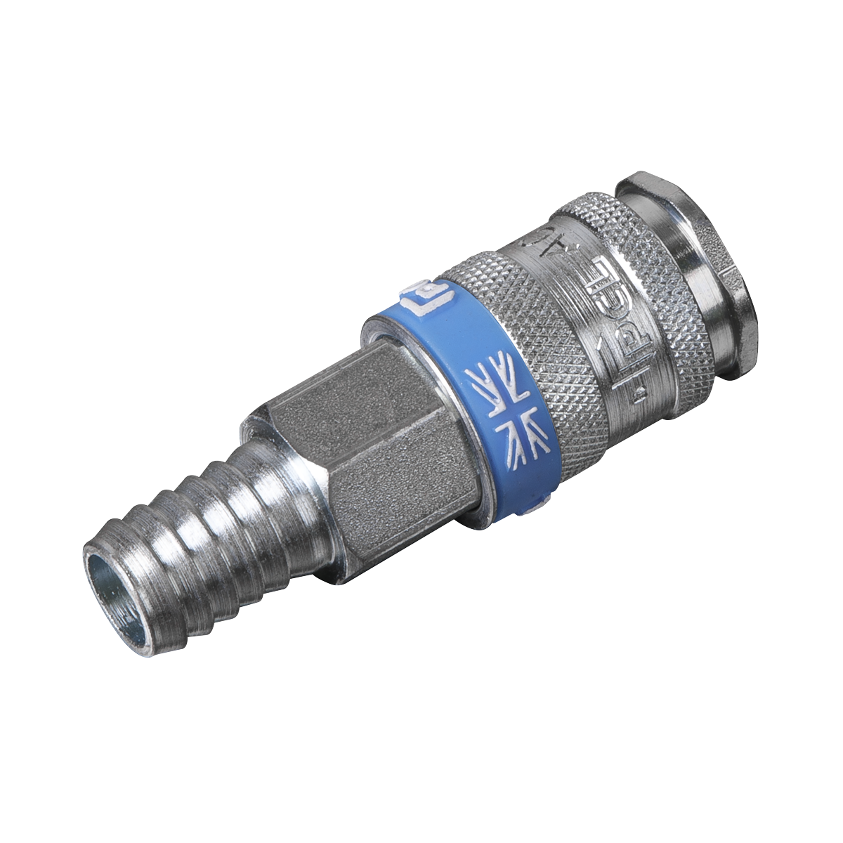 The Sealey Coupling Body Tailpiece for 1/2" Hose - AC82 is a metallic air hose coupling with a hexagonal body, blue band, and threaded end. It features hardened steel construction and is marked with a Union Jack design and technical engravings, making it ideal for XF coupling adaptors.